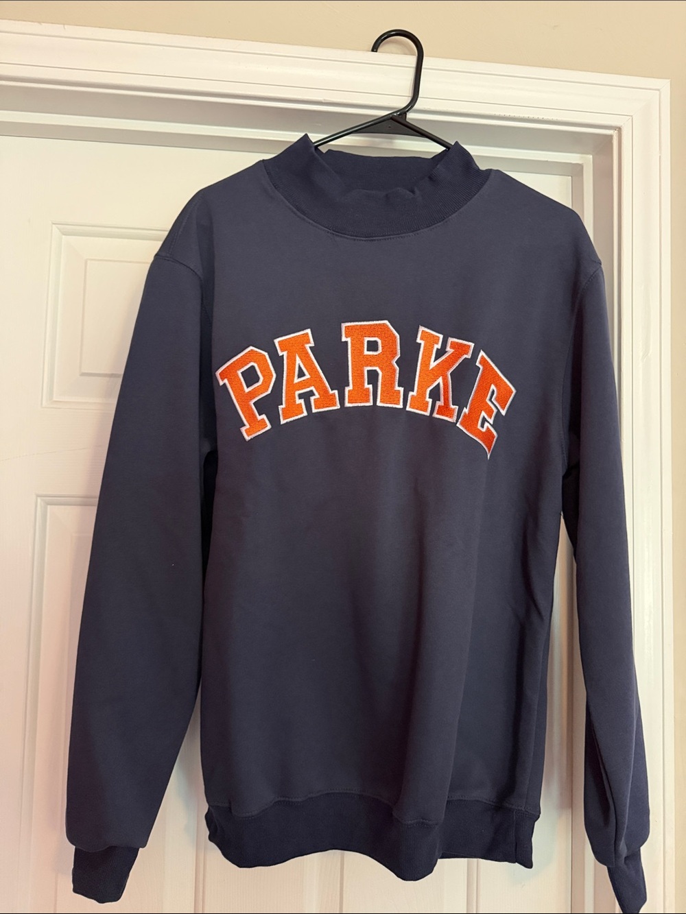 Navy Cowlneck Sweater with Orange Lettering